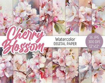 Acuarela flor de cerezo paquete de papel Digital rosa japonés Sakura Bloom imprimible Scrapbooking papel primavera floral flor fondo bebé