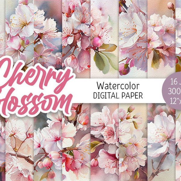 Watercolor Cherry Blossom Digital Paper Pack Pink Japanese Sakura Bloom Printable Scrapbooking Paper Spring floral flower background Baby