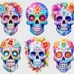 May include: Six colorful sugar skulls with floral decorations. The skulls are painted in various shades of blue, pink, purple, and yellow. Each skull has intricate designs and patterns, including flowers, swirls, and dots.