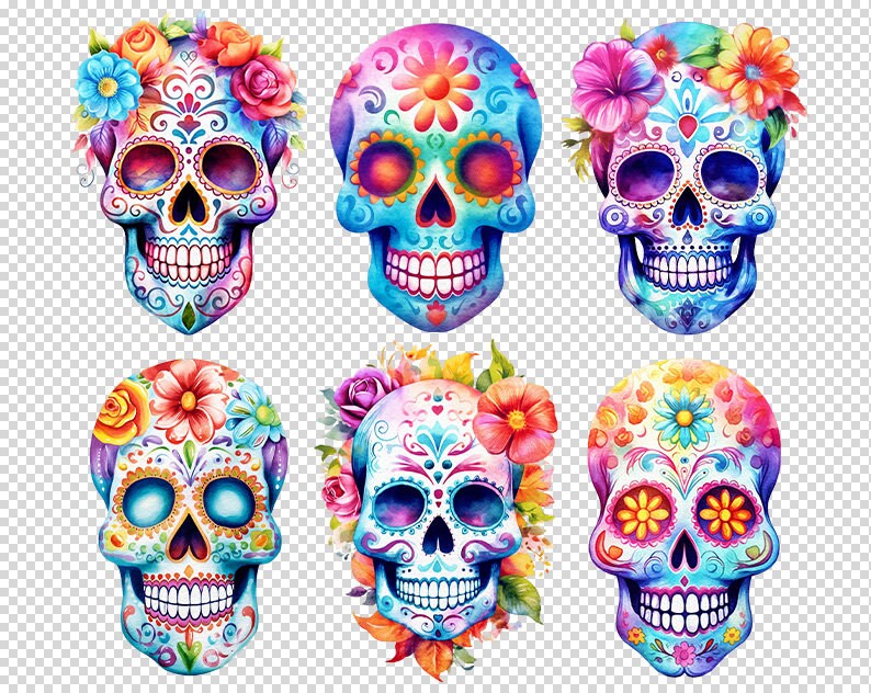 May include: Six colorful sugar skulls with floral decorations. The skulls are painted in various shades of blue, pink, purple, and yellow. Each skull has intricate designs and patterns, including flowers, swirls, and dots.