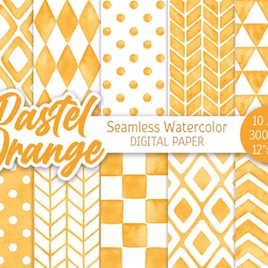 Pastello Arancione Motivo Geometrico Acquerello Seamless Digital Paper Pack Stampabile Pois Chevron sfondo Baby shower rombo spina di pesce