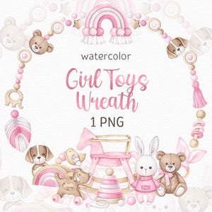 Acquerello ghirlanda per bambina baby shower clipart carino asilo nido rosa giocattoli disegni boho baby PNG dipinto a mano bambino clipart in legno neonato clip art