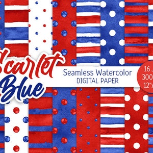 Rosso Blu Digital Paper Pack Acquerello Pois Senza Cuciture Modello Stampabile Scrapbooking Carta Strisce Patriottiche Indipendenza 4 luglio