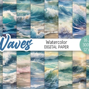 Aquarell Wellen Digital Paper Pack Ozean druckbare Scrapbooking Papier Seascape Hochzeit Hintergrund Einladungen digitaler Download kommerziell