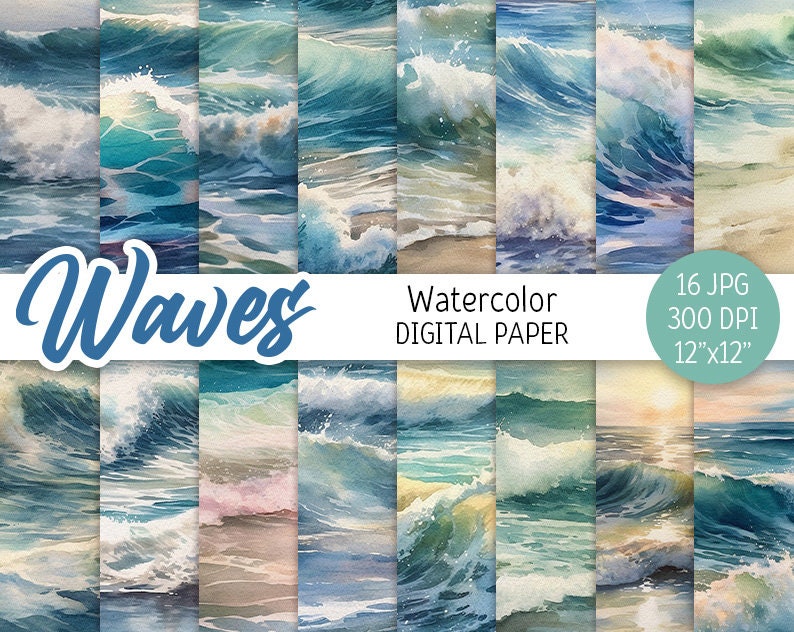 May include: A digital paper pack featuring 16 watercolor illustrations of ocean waves in shades of blue, green, and white. The images are 12 inches by 12 inches and 300 DPI.