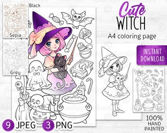 Halloween Coloring Page Cute Witch Digital Stamp Lineart Spell Book for Adults for Kids JPEG PNG A4 Spooky Coloring book Instant download