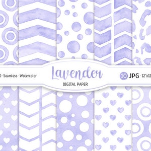 Confezione di carta digitale lavanda Modello senza cuciture coriandoli acquerello Sfondo stampabile Baby shower girl Trama leopardo viola Cuore Chevron