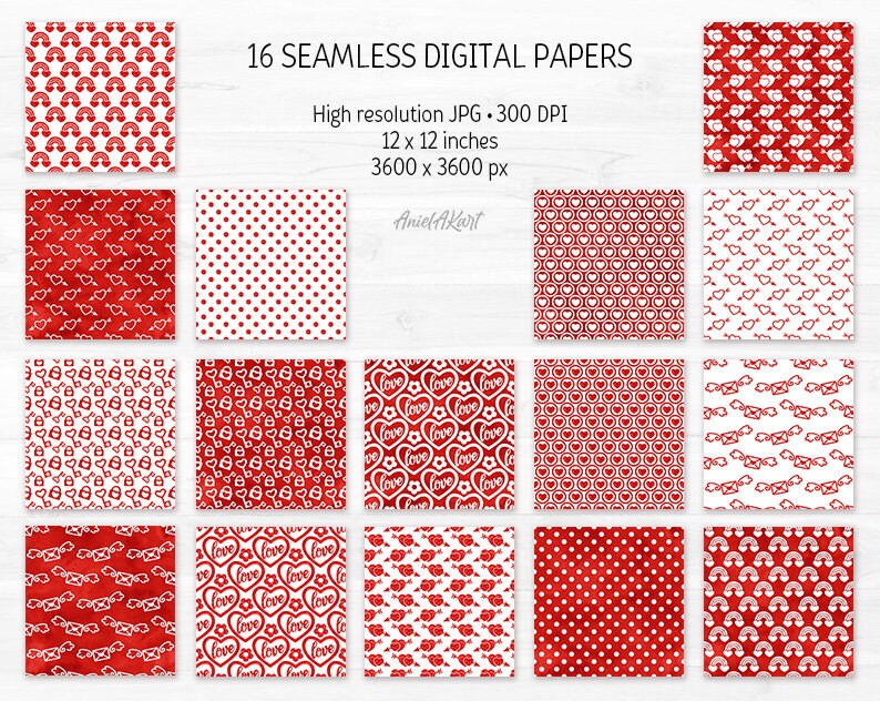 Red & White Valentine Day Digital Paper Pack Watercolor Love Seamless ...