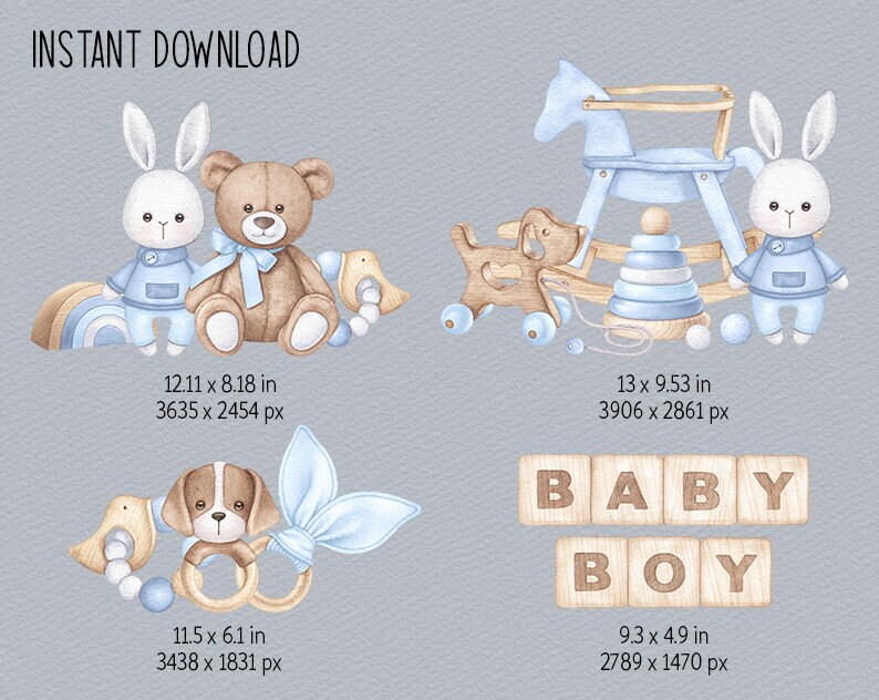 Baby Boy Watercolor Clipart Boho Nursery PNG Blue Baby Shower Clipart ...