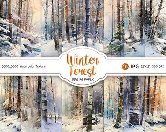 Watercolor Winter Forest Digital Paper Pack Trees Printable Scrapbook Paper Winter Landscape Snow background Commercial use Instant Download