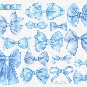 May include: A set of 16 watercolor illustrations of blue bows in various styles and sizes. The bows are painted in shades of light and dark blue, with some having a more textured look. The illustrations are perfect for adding a touch of elegance to any project.