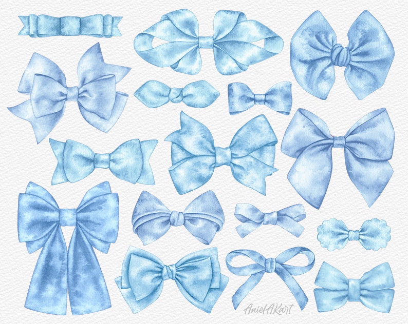 May include: A set of 16 watercolor illustrations of blue bows in various styles and sizes. The bows are painted in shades of light and dark blue, with some having a more textured look. The illustrations are perfect for adding a touch of elegance to any project.