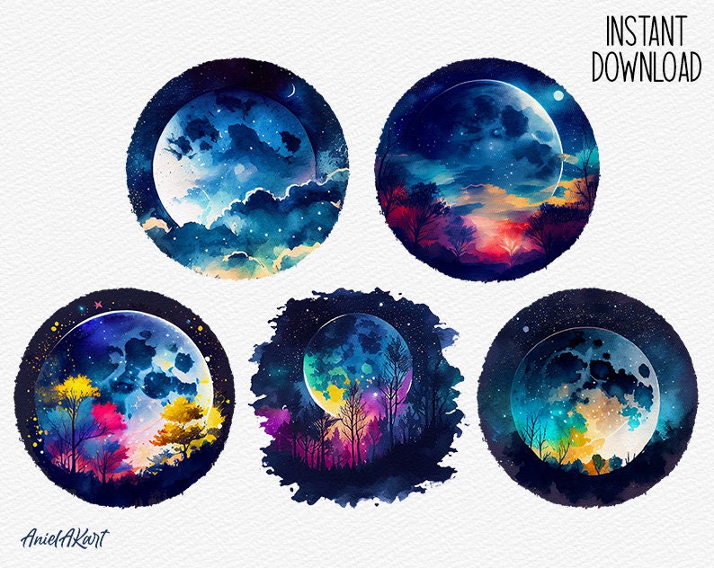 Watercolor Full Moon Clipart Bundle Magic Starry Night PNG Cozy ...