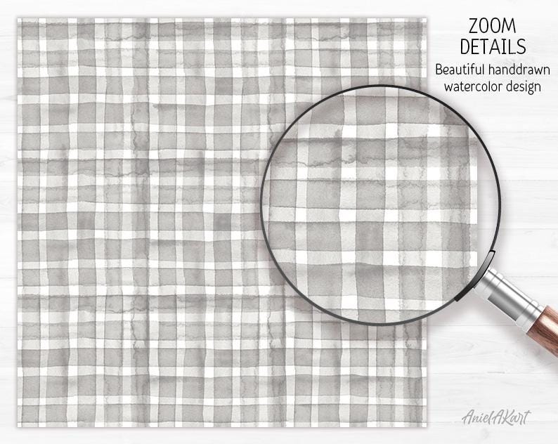 Grey Gingham Watercolor Digital Paper Pack Gingham Seamless Pattern ...