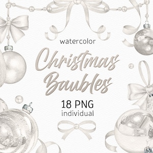 Witte Kerst clipart Aquarel Lint Clipart Kerst Decor Lichtgrijze kerstballen Individuele strik vakantie essentials pastel winter clipart