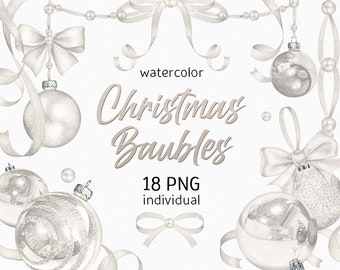 White Christmas clipart Watercolor Ribbon Clipart Christmas Decor Light Grey baubles Individual bow holiday essentials pastel winter clipart