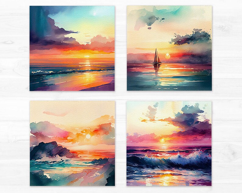 May include: Four watercolor paintings depicting seascapes at sunset. Each painting features a different color palette and composition, with varying cloud formations, water textures, and sun reflections.