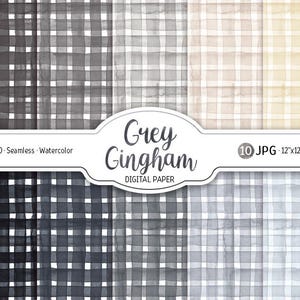 Puede incluir: Una colección de papeles digitales de acuarela con un patrón de cuadros grises. Los papeles varían en tonos de gris, algunos con un ligero tinte beige. La imagen incluye el texto "Grey Gingham DIGITAL PAPER" y especificaciones de 30,48 cm x 30,48 cm y 300 DPI.
