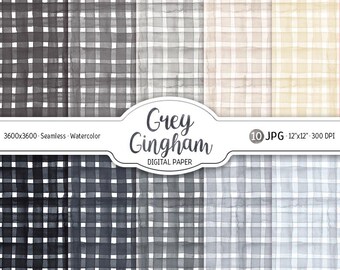 Grå gingham akvarell digitalt papperspaket gingham sömlöst mönster Cottagecore bakgrund utskrivbart scrapbookpapper dämpad neutral design