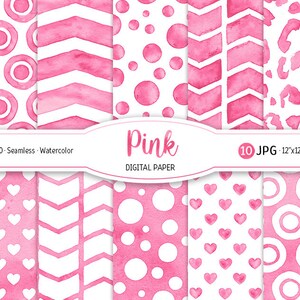 Confezione di carta digitale rosa Modello senza cuciture coriandoli acquerello Sfondo stampabile Baby shower ragazza Cerchio rosa Trama leopardo Cuore Chevron