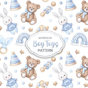 Aquarel babyjongen speelgoed naadloze patroon kinderkamer achtergrond blauwe babyshower PNG afdrukbare digitale scrapbooking papier pasgeboren stof JPG