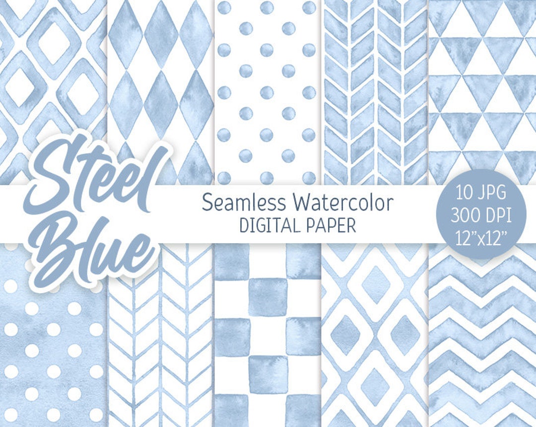 Steel Blue Geometric Pattern Watercolor Seamless Digital Paper Pack ...