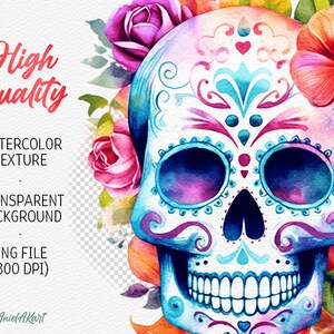 May include: Watercolor painting of a colorful sugar skull with floral details. The skull is decorated with blue, pink, and white swirls and has black eye sockets. The background is a watercolor wash of pink, orange, and yellow.
