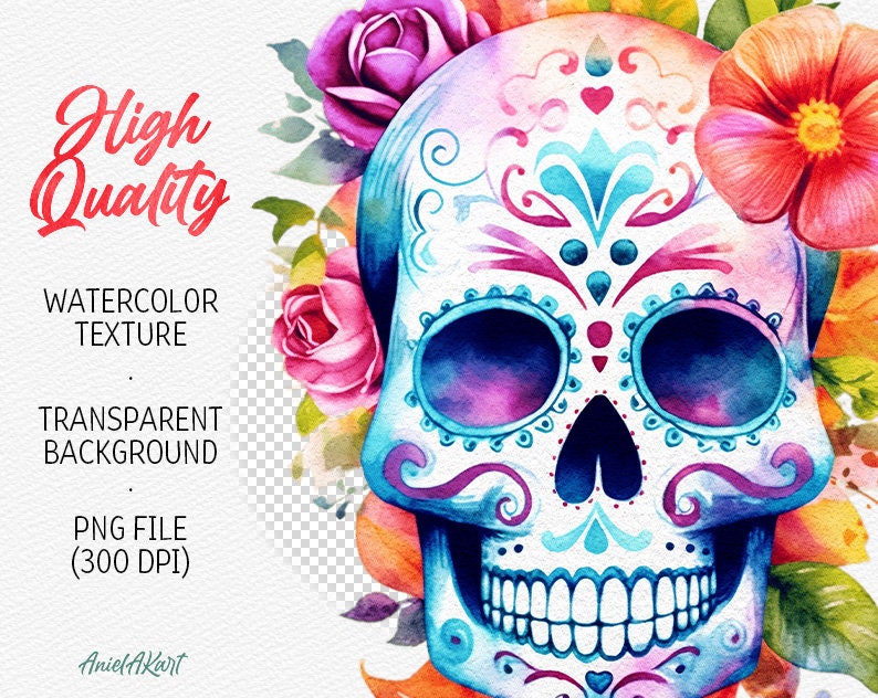 May include: Watercolor painting of a colorful sugar skull with floral details. The skull is decorated with blue, pink, and white swirls and has black eye sockets. The background is a watercolor wash of pink, orange, and yellow.