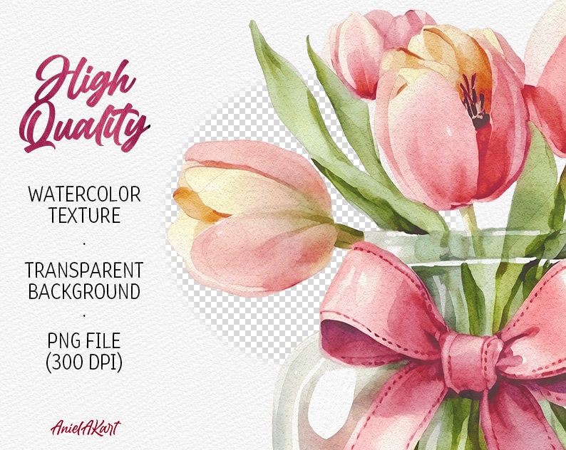 Pink Tulip Clipart, Watercolor Flowers Clipart, Scrapbooking Clipart ...
