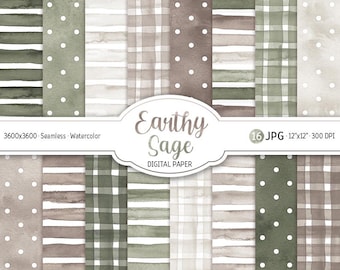 Akvarell jordig salvia digitalt papperspaket Cottagecore sömlöst mönster prickigt boho utskrivbart scrapbookpapper ränder bakgrund gingham