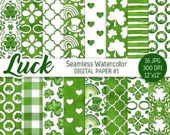 St Patrick's Day Digital Paper Pack Watercolor Shamrock Seamless Pattern Clover Printable Scrapbooking Paper Irish Watercolor background 17