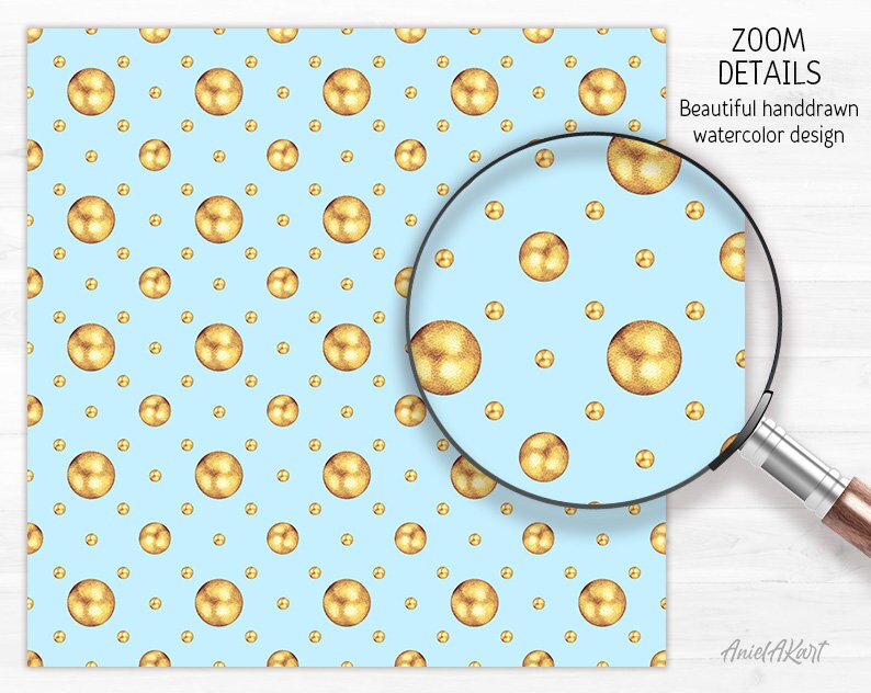 Gold Blue Seamless Pattern Watercolor Polka Dot Digital Paper Pack Gold ...