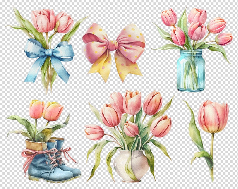 Watercolor Tulip Clipart, Pink Tulip PNG, Scrapbooking Clipart Bundle ...
