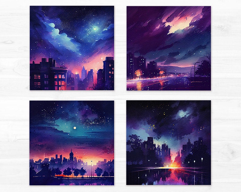 City Night Digital Paper Pack Watercolor Galaxy Moon Printable ...