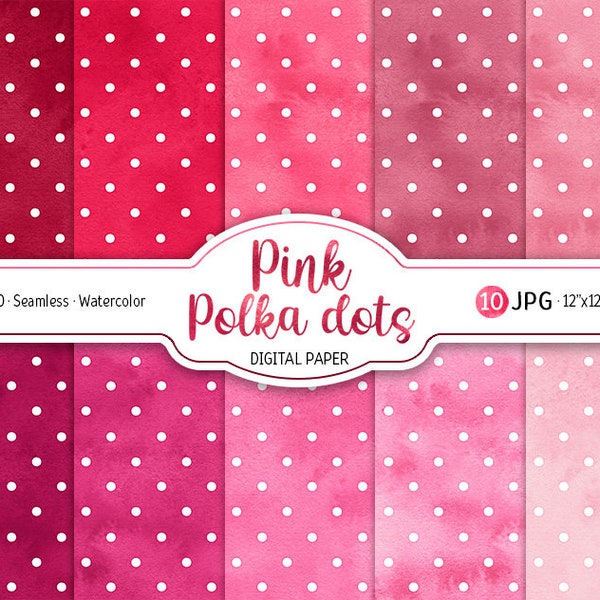 Pink Polka Dot Watercolor Digital Paper Pack Baby Girl Background Blush Ombre Rose Seamless Pattern Printable Scrapbooking Paper Cute Design