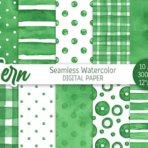 Fern Green Seamless Pattern Watercolor Polka Dot Digital Paper Pack Printable Green background Watercolor Stripes texture scrapbook paper