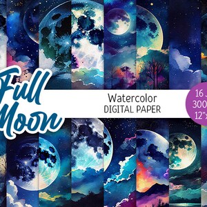 Pleine lune papier numérique Pack aquarelle lune imprimable Scrapbooking papier étoiles nuit ciel fond céleste Invitations utilisation commerciale