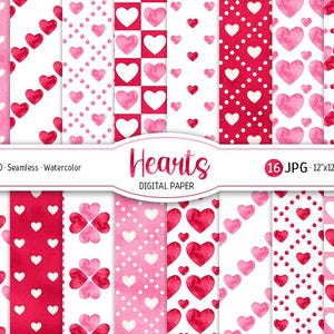 Confezione di carta digitale per San Valentino con acquerello Sfondo stampabile per San Valentino Cuori Carta stampabile Amore Motivo senza soluzione di continuità Cuore Texture digitale