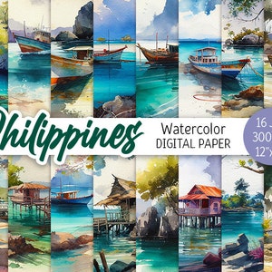 Aquarelle Philippines papier numérique Pack océan imprimable Scrapbooking papier paysage marin fond océan île Marine bateau bateau téléchargement