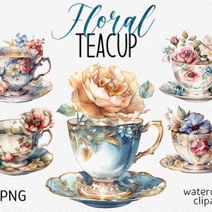 Aquarell Vintage Teetasse Clipart Pack Floral Teetasse PNG Bundle Antique Tea Party ClipArt Tea Time Grafik Instant Download kommerzielle Nutzung