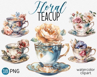 Watercolor Vintage Teacup Clipart Pack Floral Tea Cup PNG bundle Antique Tea Party clip art Tea Time graphic Instant Download Commercial use