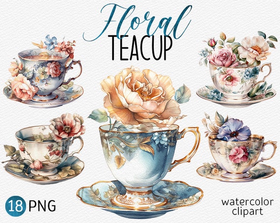 Watercolor Vintage Teacup Clipart Pack Floral Tea Cup PNG bundle Antique Tea Party clip art Tea Time graphic Instant Download Commercial use
