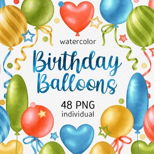 Aquarelle Anniversaire Ballons Clipart Peint à la main Confettis Anniversaire Clipart Party Card Célébration PNG Baby shower utilisation commerciale graphiques