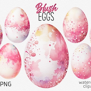 Acuarela Huevos de Pascua Paquete de imágenes prediseñadas Huevo de Pascua blanco y rosa PNG Clipart de primavera Tarjeta de descarga instantánea Hacer scrapbooking Uso comercial