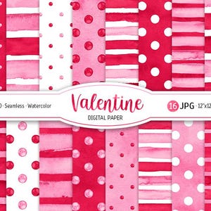 Confezione di carta digitale per San Valentino con motivo a pois acquerello senza soluzione di continuità, carta per scrapbooking stampabile, strisce acquerello, sfondo rosso e rosa