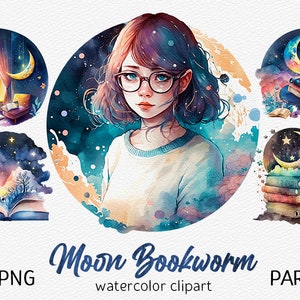 May include: A watercolor illustration of a girl with brown hair and glasses reading a book under a crescent moon. The illustration is surrounded by stars and clouds. The text "Moon Bookworm Part 1" is written below the image.