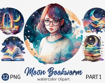 Aquarel Maan Boekenwurm Clipart Bundel Magisch Boek PNG Boekenplank Boek Stapel Boekenkast Leeshoek Gezellige esthetische Bibliotheek Fantasie Interieur