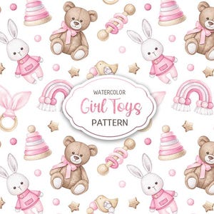 Aquarelle bébé fille jouets motif sans couture chambre d'enfant fond rose baby shower PNG imprimable scrapbooking numérique papier nouveau-né tissu JPG