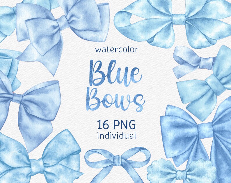 May include: A set of 16 watercolor blue bows, perfect for adding a touch of elegance to your crafts and projects.  The bows are in various sizes and shapes, and are all painted in a light blue color.  The text "watercolor Blue Bows 16 PNG individual" is written in the center of the image.