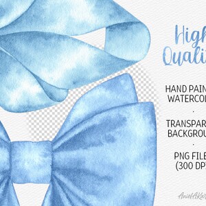 May include: Two watercolor illustrations of blue bows. The bows are hand-painted and have a transparent background. The image text reads "High Quality", "Hand Painted Watercolor", "Transparent Background", "PNG Files (300 DPI)", and "Aniel Akart".